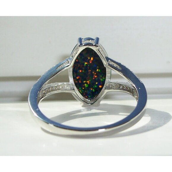 925 Sterling Silver Marquise Lab Created Green Black Opal CZ Ring - Picture 10 of 15